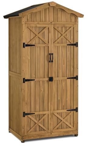 Macrout Outdoor Storage Cabinet, 75 Inches Lockable Wooden Storage Shed with Removable Shelves, Tall Tool Shed with for Yard Patio Lawn, 1165