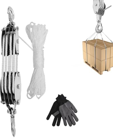 Flaschenzug, Schwerlast Seilzug mit 20m Nylon Seilbremse 2000kg Tragkraft Umlenkrolle mit Haken Manuelle Hubseile mit Ein Paar Handschuhe für Heben Schwerer Industriegegenstände und auf Baustellen
