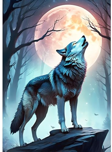 GDYEEH Fantasie-Wolf Diamond Painting Erwachsene, 5D Heller Mond Diamant Kunst Bilder Anfänger, DIY Runder Vollbohrer Wald Diamanten Malerei Stickerei Geschenke Home Wand Dekor 30x40 cm