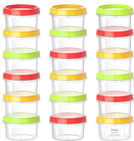 VINATO 18Pcs Contenitori per Alimenti, 250ml Barattolini Plastica Piccoli con Tappo, Set Scatole Plastica in Rosso, Verde & Arancione, Contenitori per Congelatore, Impilabili