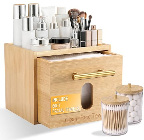 BSSN Face Towel Holder Bamboo Disposable Clean Towels Holder with Cotton Swab Box and 60ct Towels, Wall Mounted & Countertop Skincare Organizer, Bathroom Vanity Storage for Face Tissues & Makeup Pads