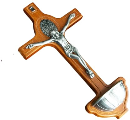 RZRHMUHN Wooden Saint Benedict Exorcism Crucifix with Holy Water Font - 8.5 Wall-Mounted Catholic Decor, Metal Corpus, Religious Gift (Yellow)