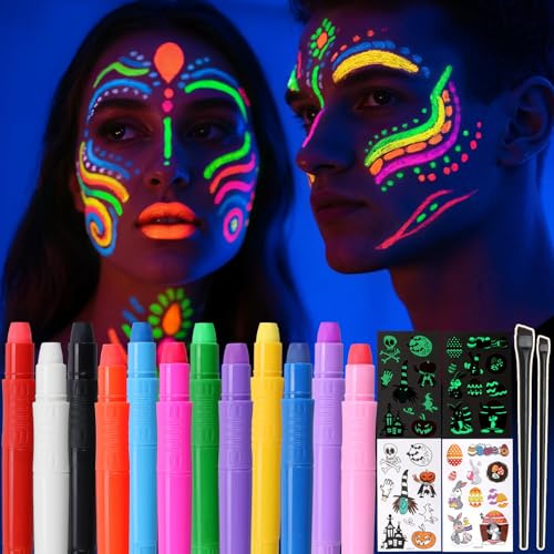 Beesjuy 12 Colori UV Trucco per Bambini, Pastelli Pigmentati Fluorescenti UV, Maquillage Enfant 12 Colori Fluorescenti, Trucco Natalizio per Bambini e Adulti, Compleanni, Trucco Cosplay, Halloween