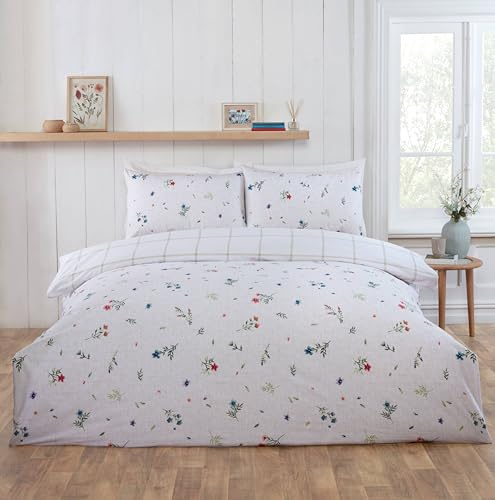 Rapport Home Meadow Brushed Cotton Duvet Cover Set - 100% Cotton Flannelette King Size Floral Bedding Set, White
