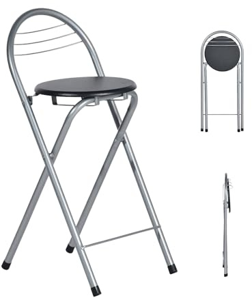 GOKHOMX 1 Stück Klapphocker mit Lehne, Tragbarer Faltbarer Hocker Outdoor Barhocker Gartenhocker Klappbarer für Küche Bar Garten, Keine Montage Erforderlich, Sitzhöhe 61 cm (Schwarz und Silber)