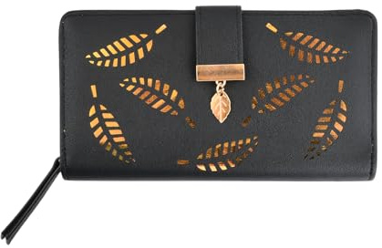 Portefeuilles et Porte-Cartes Femme Grand Format, Portefeuille à Boutons-Pression en Forme de Feuille, Porte Chequier Monnaie Femme Cuir Wallet, Portafoglio Donna, 11 Emplacements de Cartes (Noir)