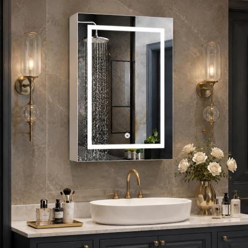 Poeahu Spiegelschrank Bad mit Beleuchtung 70x50x14 cm, Badezimmer Spiegelschrank mit 2 Höhenverstellbare Glasablagen, 3 Einstellbare Farbtemperatur, Touch-Schalter, Eintürig, Weiß