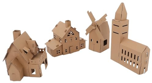 KONTONTY DIY Cardboard House Kit for Kids – 4pcs Miniature Model Building Set Including Elizabeth Tower, Windmill, Seaside Villa and Vasily Manor – Coloring Craft Playhouse for Preschool