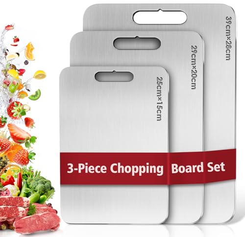 Titan Schneidebrett 3er Set - Antibakteriell & BPA-Frei - S316 Edelstahl mit Titan-Veredelung - Messerschonende Kuechenbretter fuer Fleisch, Obst & Gemuese - Spuelmaschinenfest