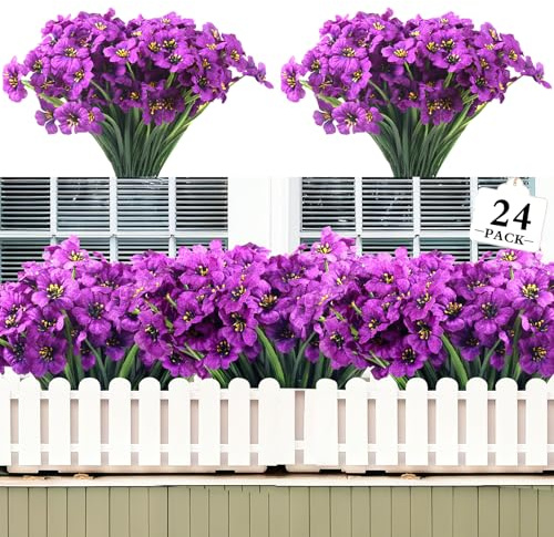 Kradeler 24 Bundles Artificial Flowers for Outdoor,No Fade Fake Plastic Silk Flowers Faux UV Resistant Plants for Home Wedding Kitchen Garden Table Decor (Purple)