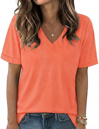 Aottori Haut Long Femme Été Col V Coupe Ample Couleur Unie Orange XL