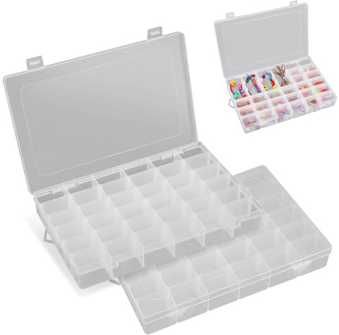 Orchideeknc 2 Pack 36 Compartments Storage Boxes with Adjustable Dividers, Transparent Plastic Assortment Box for Jewellery, Beads, Screws, Fish Tackles, Small Parts