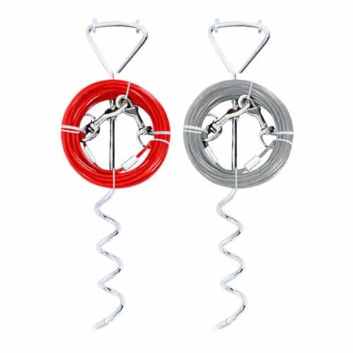 Dog Tie Out Cable and Spiral Stake 5m Outdoor Pet Tether with Stainless Steel Ground Stake and PVC Coated Cable, Weather Resistant Tangle Free Dog Lead, Up to 40kg Dogs, Colour at Random - Red or Grey