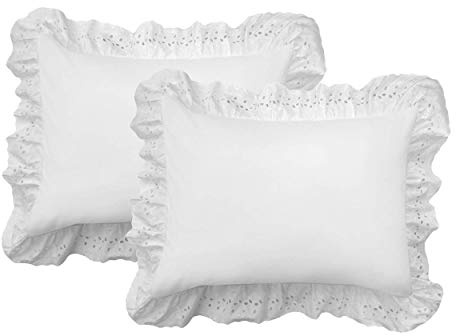 FRESH IDEAS Ruffled Bed Pillow Shams with Embroidered Eyelet Detail, Standard, White, 2-Pack