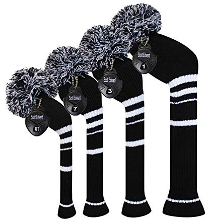 Scott Edward Knit Wood Golf Covers 4 Pieces Handmade Knitted Item Fit Over Well Driver Wood(460cc) Fairway Wood*2 and Hybrid(UT)(Black Stripe)
