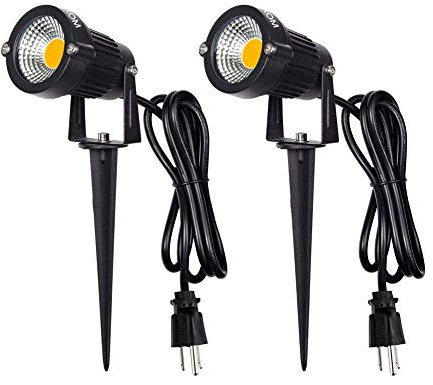 Landscape Outdoor,IP65 Waterproof Garden Spotlights,5W AC 120V Yard Flood Light,Metal Ground Stake Lawn,3200K LED Spotlight with 1.5M UL-Listed Cord and 3-Plug (2 Packs)