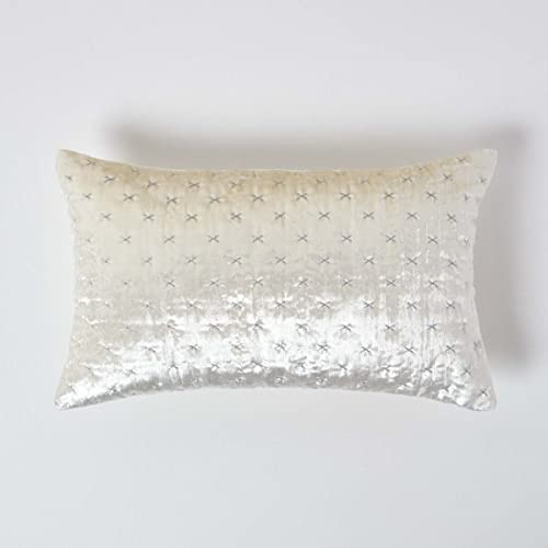 HOMESCAPES Cream Rectangular Crushed Velvet Cushion Cover with Embroidered Design Super Soft Off White Luxury Decorative Scatter Cushion 30 x 50 cm Throw Pillow for Sofa or Bed with Zip Closure