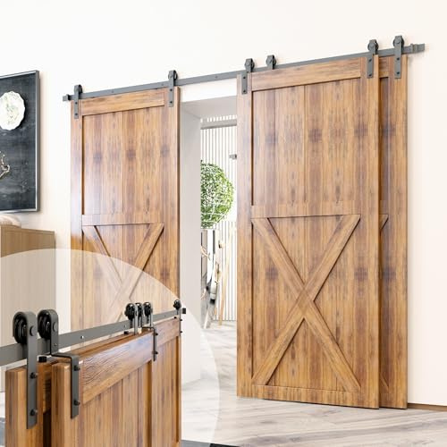 Homacer Black Rustic Single Track Bypass Sliding Barn Door Hardware Kit, for Three Doors, 12ft Long Flat Track, Classic Design Roller, (2 Flat+ 1 Bent Roller Set)