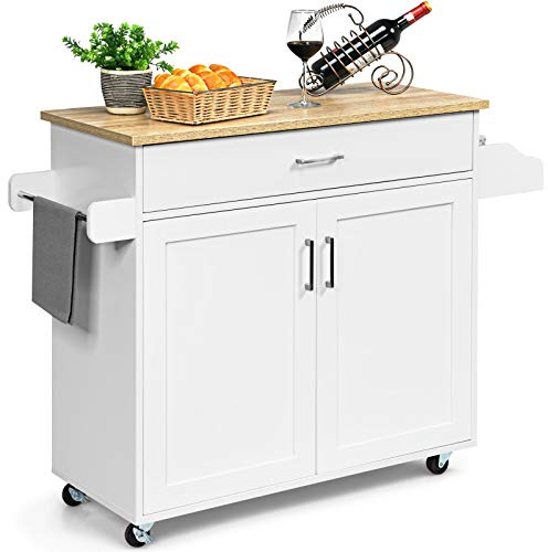 COSTWAY Kitchen Island on Wheels with Cabinet | Rolling Storage Trolley with Towel Rack, Spice Rack & Lockable Wheels, Utility Serving Cart, for Home Dining Room Hallway
