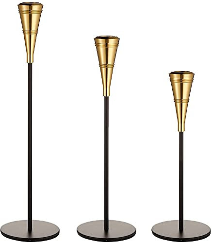 YOCOGY Kerzenständer für Abendessen bei Kerzenlicht Kerzenständer Dekoration Stabkerze Metall Deko Kerzenleuchter 3er Set (Gold+Schwarz)