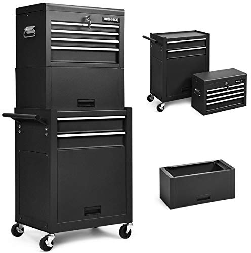 DORTALA 6-Drawer Rolling Tool Cabinet, Tool Storage Chest, Lockable Tool Box, Detachable Tool Organizer Combo w/Sliding Drawers, Tool Cabinet Cart Workshop Trolley on Wheels for Basement, Black
