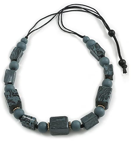 Avalaya Chunky Grey with Animal Print Cube and Ball Wood Bead Cord Necklace - 90cm Max
