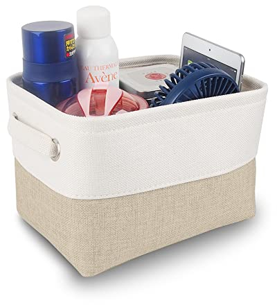 Mangata Contenitori per Armadio, Scatole per Armadio Vestiti, Cesto portaoggetti Tessuto con Manici per Ripiani, Giocattoli (Pieghevole, Bianco Kaki Chiaro, Piccolo)