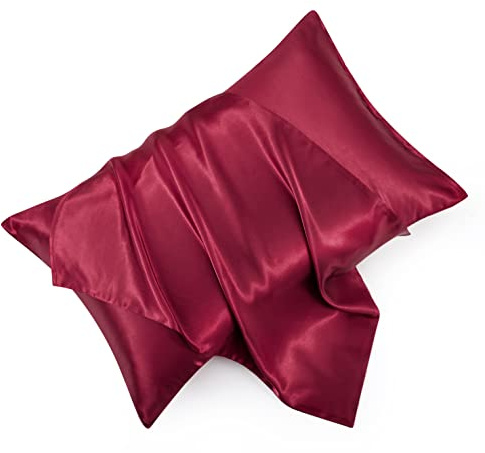 HommxJF Weinrote Satin-Kissenbezüge, Queen-Size-Größe, 2er-Set für Haar und Haut, weinrote Seide, atmungsaktiver Kissenbezug mit Hotelverschluss