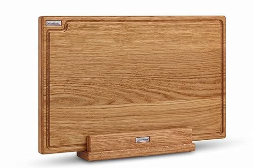 Schneidboard Eiche S+ Inkl. Halter - Design Schneidebrett aus Holz mit Saftrillle und passendem Halter - Made in Germany - 45x29x3,8 cm
