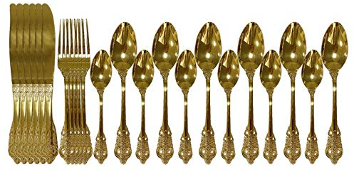 24 stücke schwarz Geschirr 304 Edelstahl Besteck Besteck Set Gabel Messer Löffel Geschirr Vintage Set Küche Abendessen Set essgeschirr (Color : Gold)