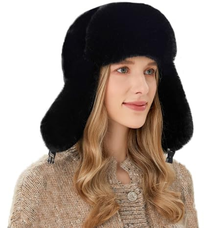 SIQITECHUK Women's Rus Ushanka Faux Fur Bomber Hat with Earflaps & Aviator Cap - Windproof Thermal Hiking Ski Hats for Winter/Spring Black