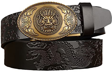 YOPADO Herren Ratschen Gürtel, Automatik Ledergürtel Kürzbar mit automatischem Schnallen Geschnitztes Gold Drachen Gürtelschnalle für Jeans Anzug Hose(130cm/waist:45, Dragon~H)