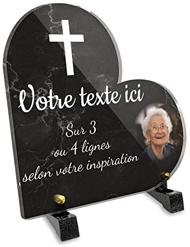 OCAP-FUNERAIRE.COM Plaque funéraire Coeur avec Photo Personnalisable en plexi Motif Croix Chrétienne, différentes Tailles, épaisseur 6mm, personnalisée sur Plusieurs Lignes 15x15 cm