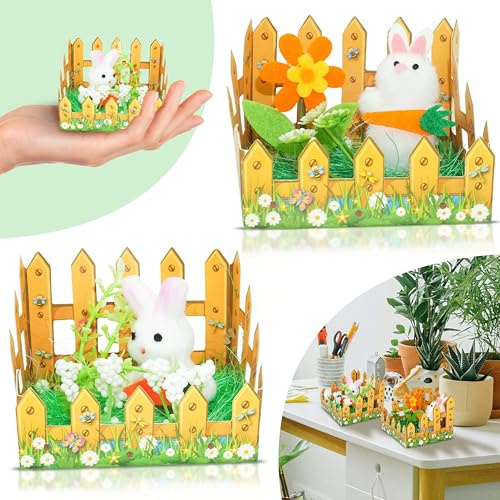 2X Picket Fences with Easter Bunnies Animals for Hunt | Home Garden Easter Decoration Gift for Kids, Easter Rabbits Ideal for Crafting Spring Time