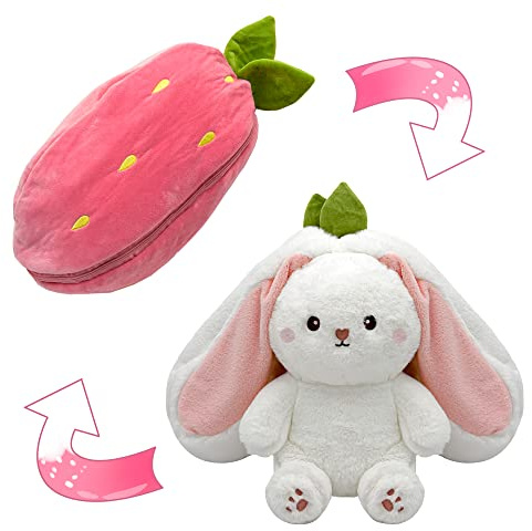 YOUBLEK Bunny Stuffed Animal,Strawberry Reversible Cuddle Bunny Plush Doll with Zipper Cute Soft Rabbit Toys Pillow for Kids and Adults Easter Bunnies Plushies Gifts (Strawberry, 7.09 inches)