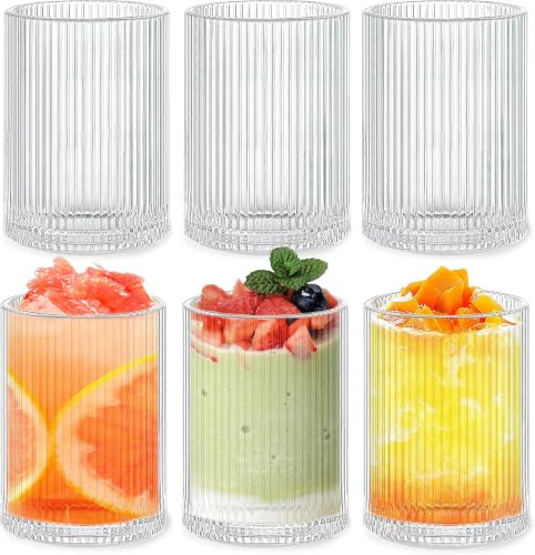 6 Stück Gerippte Glaswaren Trinkgläser, 280ml Klar Kristall Gläser Set, Origami Stil Kristall Gläser Geriffelte Glaswaren für Coocktail Whiskey Saft Wasser