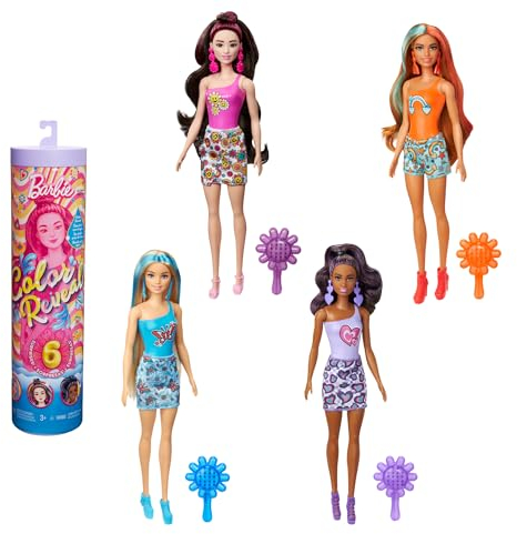 Barbie Color Reveal Serie Funky Muñeca que revela sus colores con agua, incluye ropa y 6 accesorios sorpresa, juguete +3 años (Mattel HRK06)