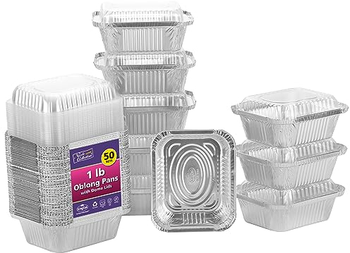 Aluminum Pans With Plastic Dome Lids - 50 Count - 1LB Oblong Pans (5x4)- To Go Containers With Lids - Disposable Tin Foil Pans - Perfect For Catering, Meal Prep, Baking, Freezer Safe