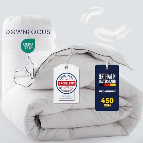 DOWNFOCUS Fjäder- och duntäcke 200 x 200 cm – Oeko-Tex-certifierat täcke tillverkat av mjuka fjädrar och dun – allergiker fjädertäcke – RDS-certifierat duntäcke året runt