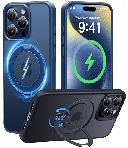 CASEKOO 360° MagicStand (Pro-Version) für iPhone 15 Pro Hülle für MagSafe [Unsichtbarer Ständer] [Militärschutz] Stoßfest Kratzfest Schutzhülle Griffig Case Dünn Handyhülle - Blau