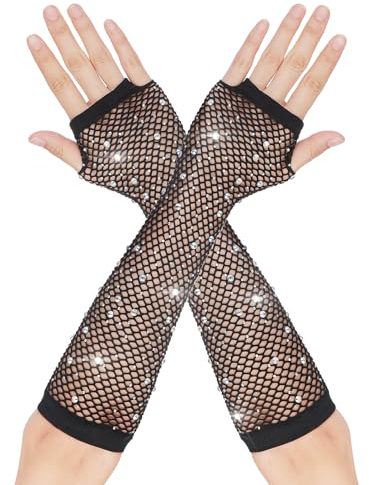DIVINA VITAE Netzhandschuhe Schwarze Damen Fingerlose Handschuhe mit Glitzernde Strasssteinen Netzhandschuhe lange Armstulpen 80er Jahre Retro Disco Party Halloween Maskerade Kostüm Zubehör