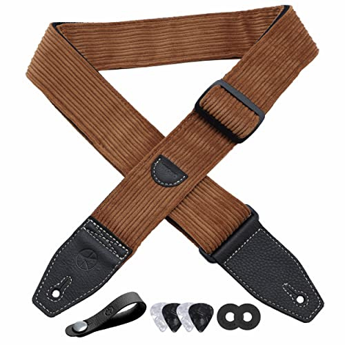 YIKOKO Guitar Strap 2 inch Corduroy Guitar Straps with Full Grain Leather End, for Bass Electric and Acoustic Guitars, Free Strap Button, 2 Strap Locks and 4 Guitar Picks