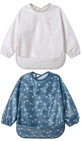 Little Dimsum Lätzchen Baby Lätzchen mit Ärmeln, Lätzchen Wasserdicht Abwaschbar Ärmellätzchen, Baby Bibs Set für Kleinkinder mit Großer Tasche (6-36 Monate) - 2er-Pack (Leaf)