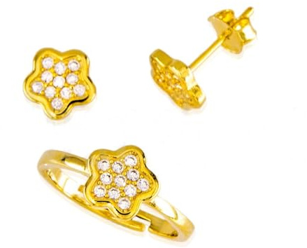 Minoplata Conjunto Pendientes y Anillo infantiles flor de Plata de ley chapada en Oro con Circonitas