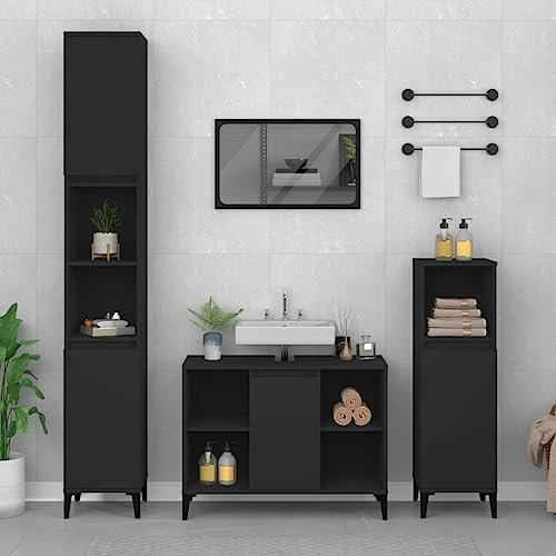 ShGaxin 3-TLG. Badmöbel-Set, Badezimmermöbel Set, Badezimmerschrank, Badschrank, Bathroom Furniture Sets, Bad Möbel Modern Set, Badmöbel, Schwarz Holzwerkstoff