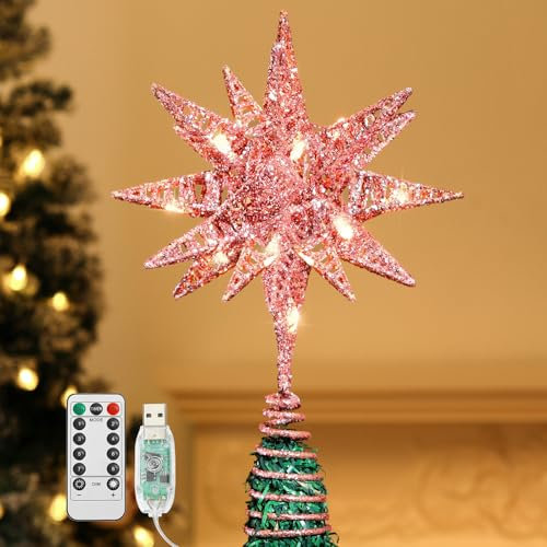 Lewondr Christmas Star Tree Topper, 3D Geometric Star Plugged Decorative Treetop with LED Light Beads for Home Holiday Xmas Tradition Moravian Decor 6-Hour Timer Function 5m Cable, Pink