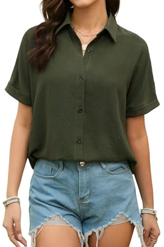 Stamain blus dam, kortärmad, musslin, skjortblus, dam, sommar, långärmad, blus, skjorta, enkelfärgad, elegant, v-ringad, kortärmad blus, Olivgrön, XL