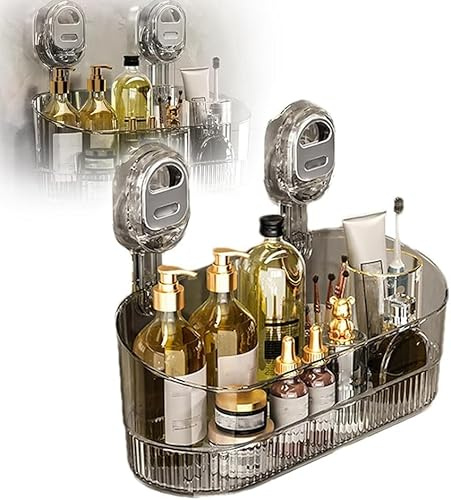 Caja de almacenamiento con ventosa para baño sin taladro, gran capacidad y fuerte soporte de carga, ventosa con patrón de glaciar, estante de ducha colgante, organizador de ducha resistente (Gris)