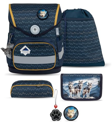 Belmil Compact Schulranzen Set 5 teilig mit extra Schlüsselanhänger oder extra Brustgurt (405-41AGS GRAT) (Wolves)