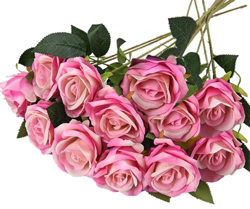 RXKFIGX 12 Pcs Artificial Roses Fake Single Stem Blooming Rose 51 * 7 cm Artificial Silk Rose Flower Dark Pink Fake Roses Artificial Flowers for Home Garden Party Hotel Office Decor（Dark Pink rose）